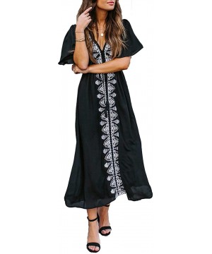 Women Turkish Kaftan Swimsuit Bikini Cover Ups Casual Beach Caftan Maxi Dress - Black Embroidered - C919GELCG0Q $20.40-Cover-Ups