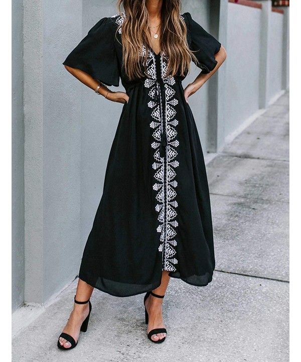 Women Turkish Kaftan Swimsuit Bikini Cover Ups Casual Beach Caftan Maxi Dress - Black Embroidered - C919GELCG0Q $20.40-Cover-Ups