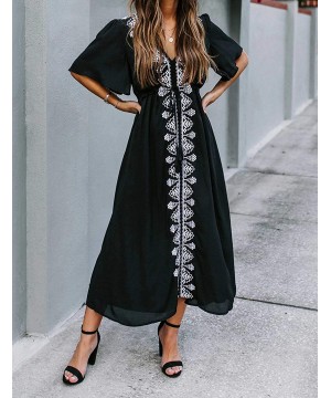 Women Turkish Kaftan Swimsuit Bikini Cover Ups Casual Beach Caftan Maxi Dress - Black Embroidered - C919GELCG0Q $20.40-Cover-Ups