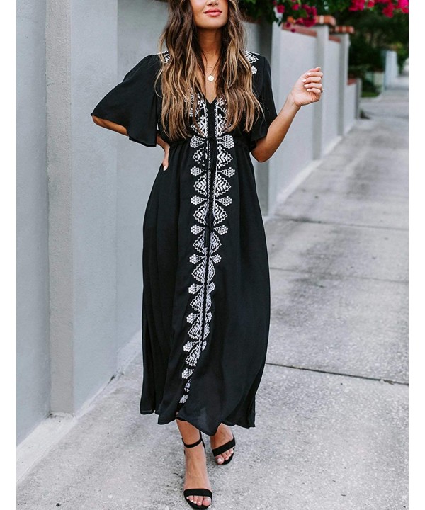 Women Turkish Kaftan Swimsuit Bikini Cover Ups Casual Beach Caftan Maxi Dress - Black Embroidered - C919GELCG0Q $20.40-Cover-Ups