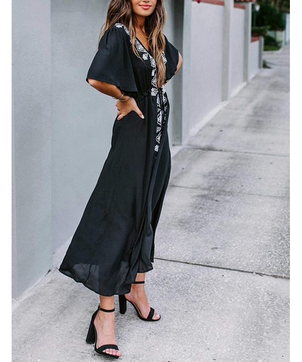 Women Turkish Kaftan Swimsuit Bikini Cover Ups Casual Beach Caftan Maxi Dress - Black Embroidered - C919GELCG0Q $20.40-Cover-Ups