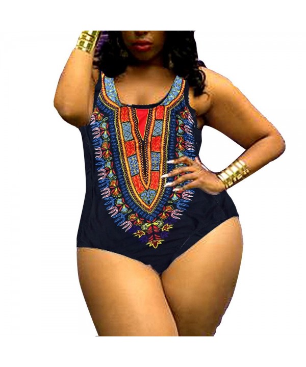 Women's Plus Size Swimwear One Piece Tankini Swimsuits Curve Appeal Dashiki African Print Push-Up Bikini Jumpsuit Black - Bla...