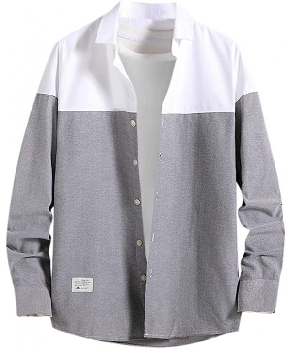 Long-Sleeved Tops- Men's Fashion Casual Stitching-Color Turn-Down Collar Shirt - Gray - CD18XQCQRQ6 $29.87-Rash Guards