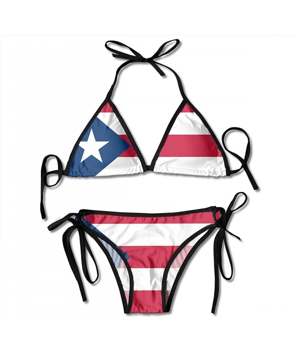 Puerto Rico Flag Women's Sexy 2PCS Thong Bandage Summer Triangle Bikini Sets Beachwear Swimsuit Swimwear - Black - CT18SHTQ00...