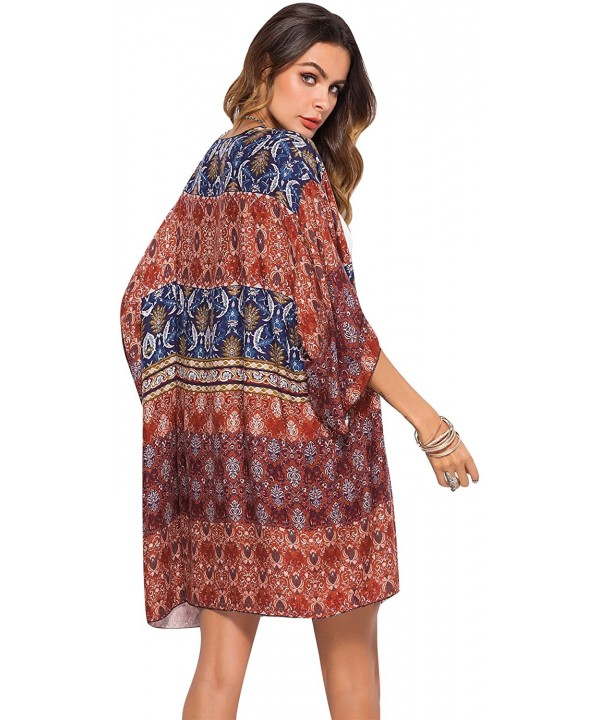 Women's Floral Print Beachwear Swimsuit Cover up Cardigan Chiffon Loose Blouse - Maroon - CW18GCE8XWW $13.48-Cover-Ups