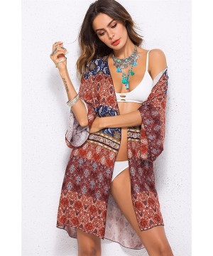 Women's Floral Print Beachwear Swimsuit Cover up Cardigan Chiffon Loose Blouse - Maroon - CW18GCE8XWW $13.48-Cover-Ups