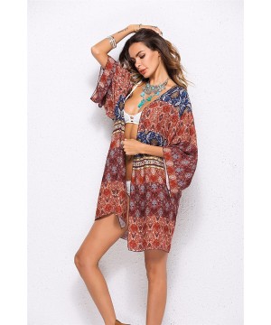 Women's Floral Print Beachwear Swimsuit Cover up Cardigan Chiffon Loose Blouse - Maroon - CW18GCE8XWW $13.48-Cover-Ups