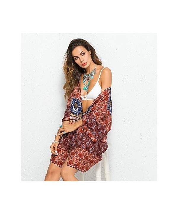 Women's Floral Print Beachwear Swimsuit Cover up Cardigan Chiffon Loose Blouse - Maroon - CW18GCE8XWW $13.48-Cover-Ups