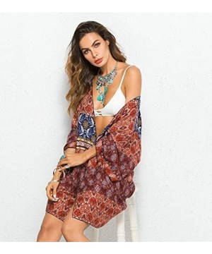 Women's Floral Print Beachwear Swimsuit Cover up Cardigan Chiffon Loose Blouse - Maroon - CW18GCE8XWW $13.48-Cover-Ups