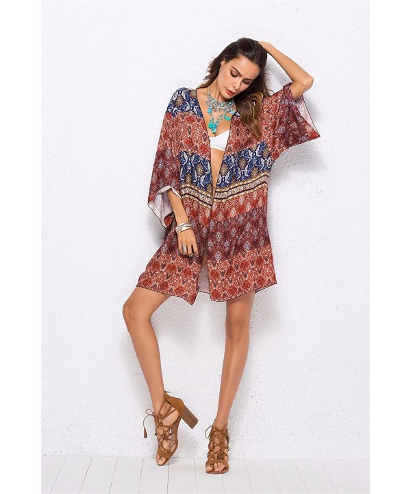 Women's Floral Print Beachwear Swimsuit Cover up Cardigan Chiffon Loose Blouse - Maroon - CW18GCE8XWW $13.48-Cover-Ups