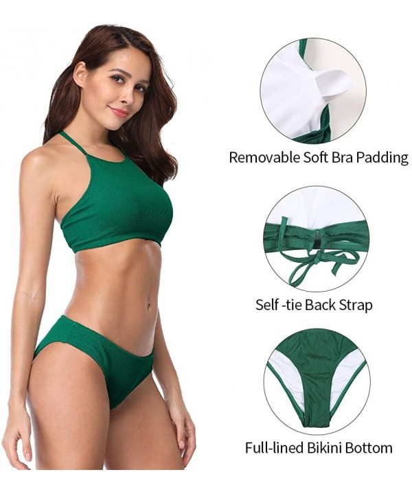 Women's Halter Bikini Swimwear High Neck Two Piece Bikini Swimsuits - Trendy Ribbed-green - CS18ERI6237 $29.37-Sets