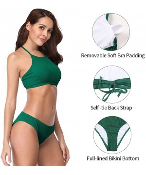 Women's Halter Bikini Swimwear High Neck Two Piece Bikini Swimsuits - Trendy Ribbed-green - CS18ERI6237 $29.37-Sets