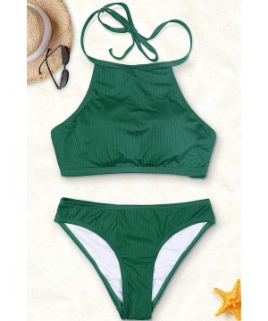 Women's Halter Bikini Swimwear High Neck Two Piece Bikini Swimsuits - Trendy Ribbed-green - CS18ERI6237 $29.37-Sets