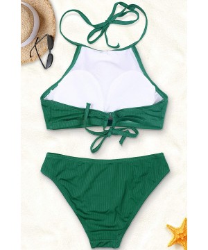 Women's Halter Bikini Swimwear High Neck Two Piece Bikini Swimsuits - Trendy Ribbed-green - CS18ERI6237 $29.37-Sets