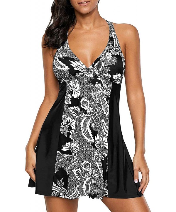 Women Paisley Printed Swimdress Tummy Control Two Piece Swimsuit Tankini M-3X - Black - CU194C9ECGX $18.29-One-Pieces