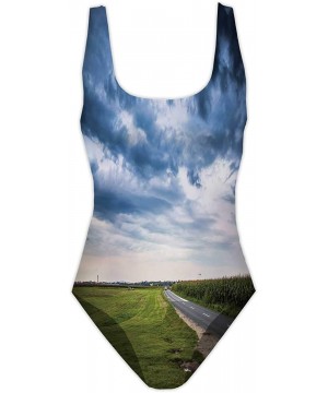 Washington - Landmarks with Cherry Illustration - Washington DC-Women One Piece Swimsuit Swimwear for Surfing Cherry - S - Mu...