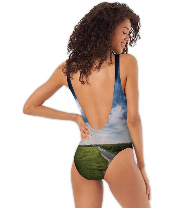 Washington - Landmarks with Cherry Illustration - Washington DC-Women One Piece Swimsuit Swimwear for Surfing Cherry - S - Mu...