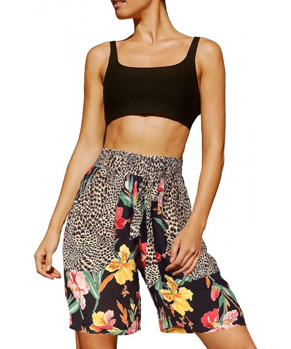 Women Drawstring Boho Oceanside Beach Tie Belted Board Short Pant with Pocket - Leopard Flower Print - CN190E7LC5Q $13.18-Boa...