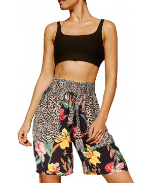 Women Drawstring Boho Oceanside Beach Tie Belted Board Short Pant with Pocket - Leopard Flower Print - CN190E7LC5Q $13.18-Boa...