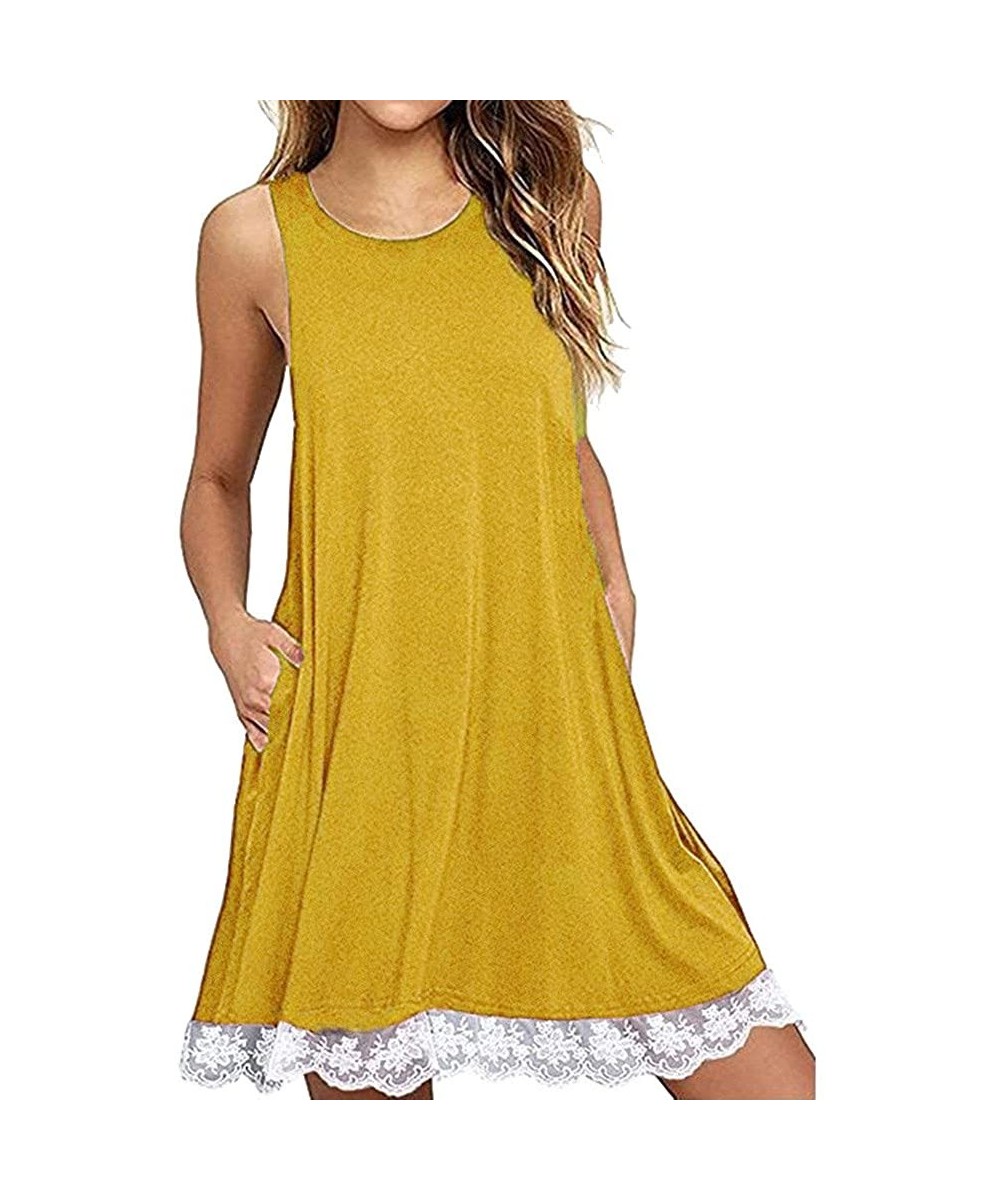 Women Dress Summer Tank Swing Dress Sleeveless Lace Beach Holiday Casual Loose Party Above Knee Dresses Sundress Yellow - CH1...