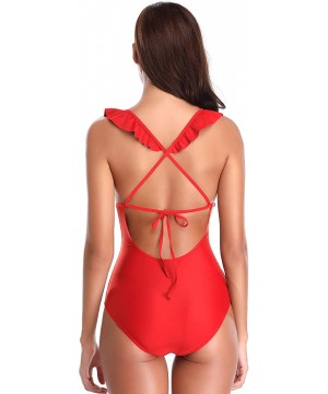 Women's Ruffles One Piece Swimsuits Back Criss Cross Bathing Suits - Rose Red - CW18LNE8W04 $22.46-One-Pieces