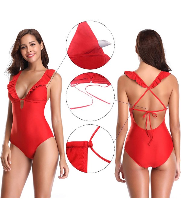 Women's Ruffles One Piece Swimsuits Back Criss Cross Bathing Suits - Rose Red - CW18LNE8W04 $22.46-One-Pieces