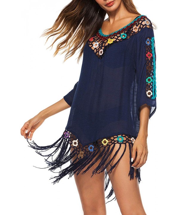 Women's V-Neck Hollow Out Knitted Swimsuit Bikini Cover Ups Swimwear Tassels Beach Dress - Navy Blue - C418Q3Z2YSC $23.59-Cov...