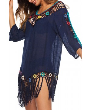 Women's V-Neck Hollow Out Knitted Swimsuit Bikini Cover Ups Swimwear Tassels Beach Dress - Navy Blue - C418Q3Z2YSC $23.59-Cov...