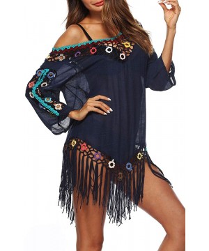 Women's V-Neck Hollow Out Knitted Swimsuit Bikini Cover Ups Swimwear Tassels Beach Dress - Navy Blue - C418Q3Z2YSC $23.59-Cov...