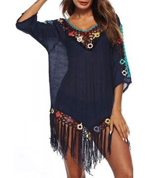 Women's V-Neck Hollow Out Knitted Swimsuit Bikini Cover Ups Swimwear Tassels Beach Dress - Navy Blue - C418Q3Z2YSC $23.59-Cov...