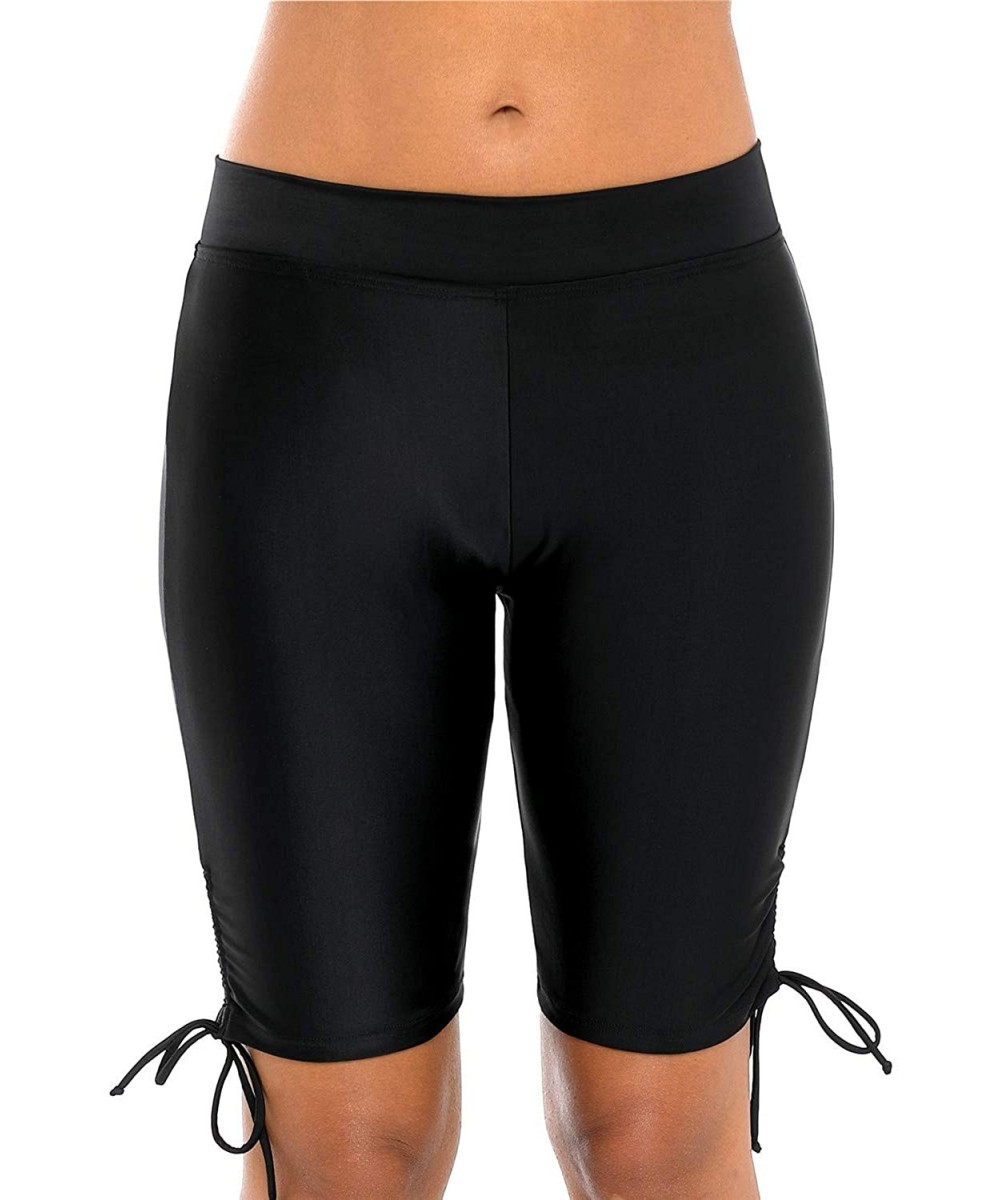 High Waisted Long Swim Shorts for Women UPF 50+ Swim Leggings Black Swim Capri Pants - Black Tie Side - CZ18KD3XNNH $17.56-Ta...