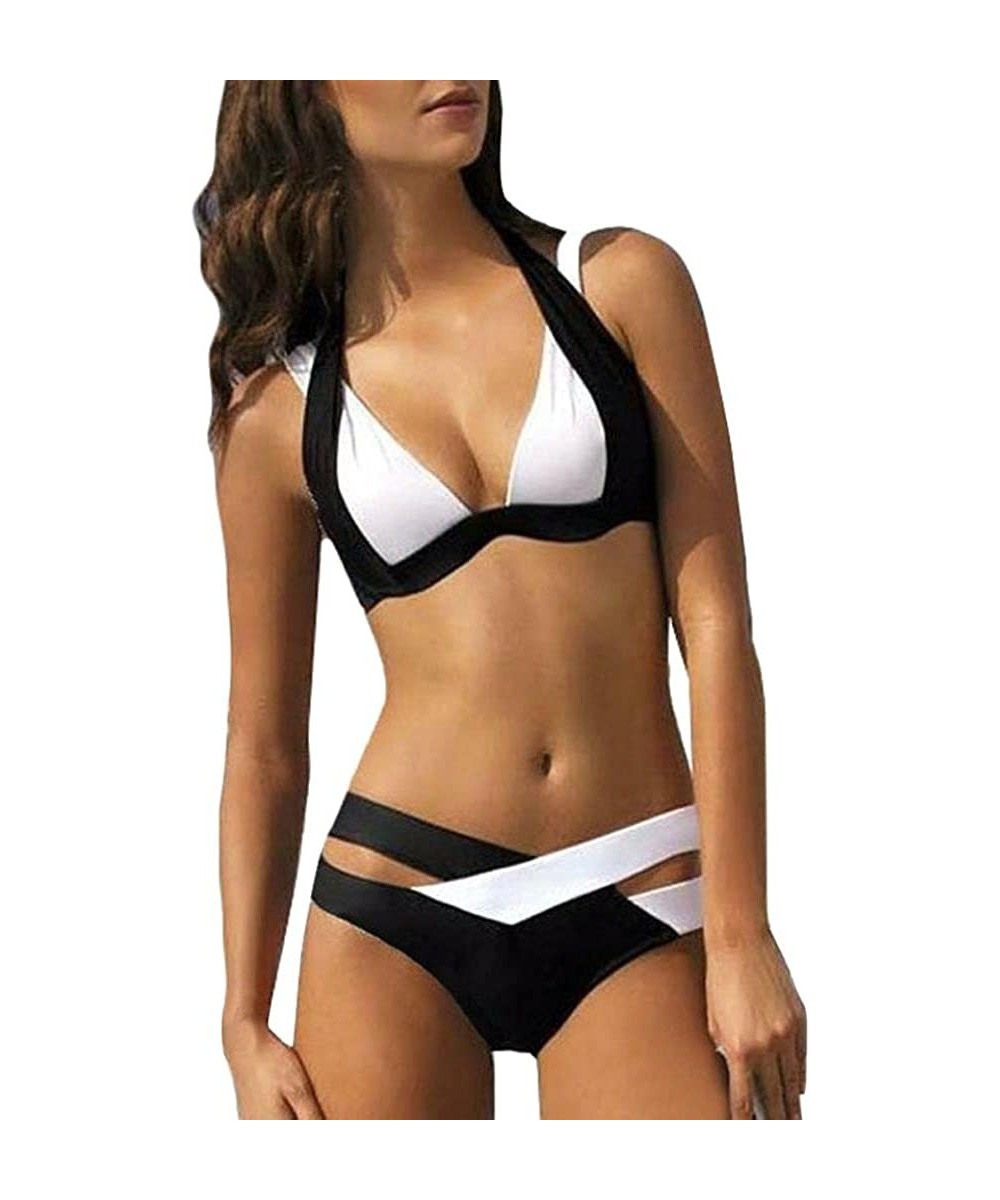 Women Swimsuit Swimwear Swim Casual Beachwear Print Bandage Swimsuit Bikini Bikini - Black - CT189S5E8OU $16.05-Sets