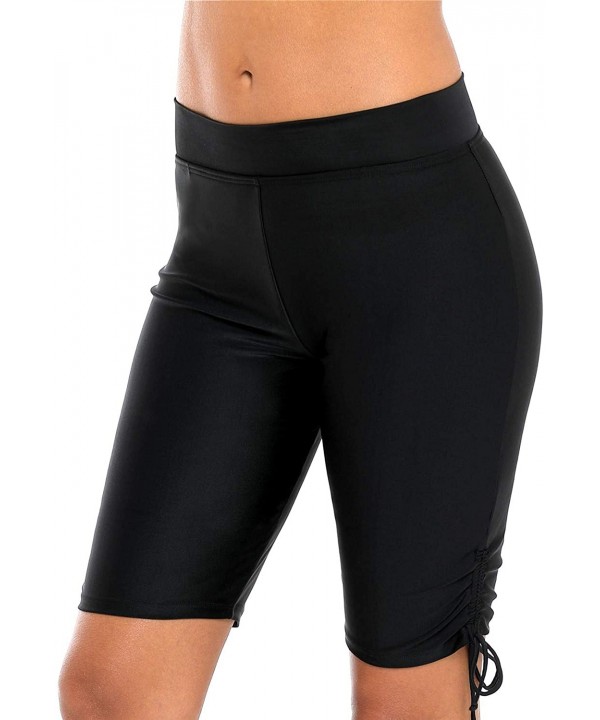 High Waisted Long Swim Shorts for Women UPF 50+ Swim Leggings Black Swim Capri Pants - Black Tie Side - CZ18KD3XNNH $17.56-Ta...