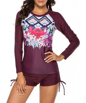 Womens Long Sleeve Rash Guard Swimsuit Sun Protection Sport Wetsuit Two Piece Swimsuit Set S XXXL Wine Red Flower - CM19347CS...