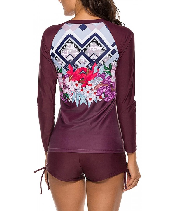 Womens Long Sleeve Rash Guard Swimsuit Sun Protection Sport Wetsuit Two Piece Swimsuit Set S XXXL Wine Red Flower - CM19347CS...