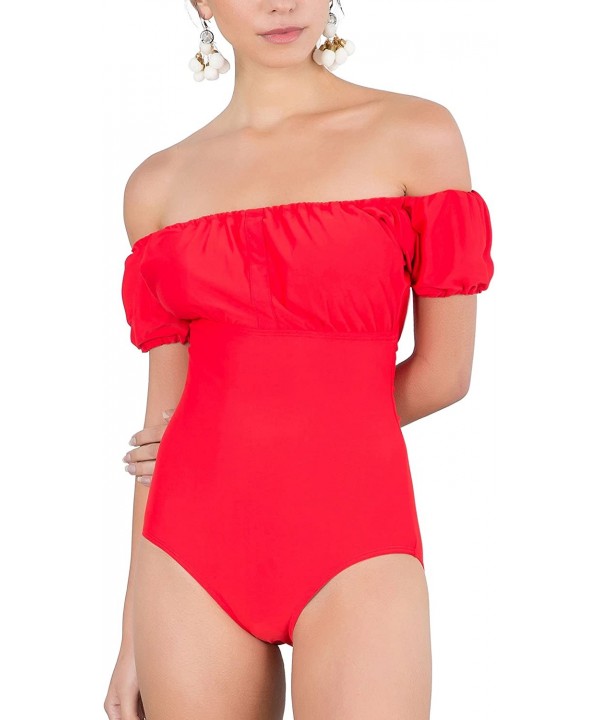 Women's Bardot Style Off Shoulder Swimwear - One Piece - Red - CL180A2Z5C7 $21.23-One-Pieces