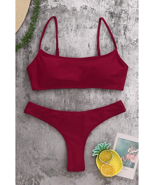 Women Crop Top Bathing Suits High Cut Bandeau Swimsuit Cheeky Thong Bikini Set Sports Two Piece Wine Red Bikini Set - CG196QR...