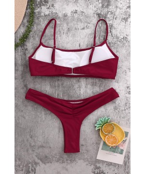 Women Crop Top Bathing Suits High Cut Bandeau Swimsuit Cheeky Thong Bikini Set Sports Two Piece Wine Red Bikini Set - CG196QR...