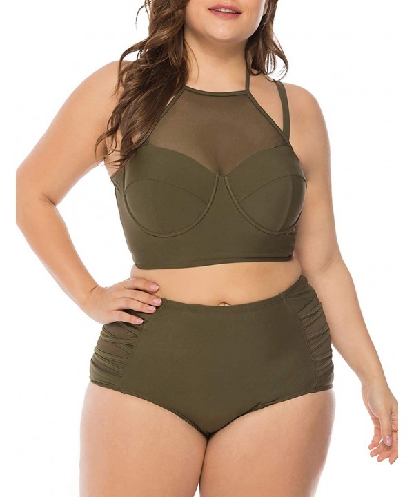 Women's Plus Size Bikini Set Floral Print High Waisted Swimsuit Tummy Control 2 Pieces Bathing Suit - Green - CJ19C5U0OQH $40...