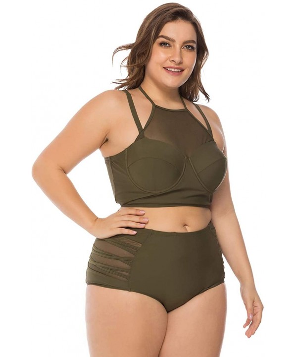 Women's Plus Size Bikini Set Floral Print High Waisted Swimsuit Tummy Control 2 Pieces Bathing Suit - Green - CJ19C5U0OQH $40...