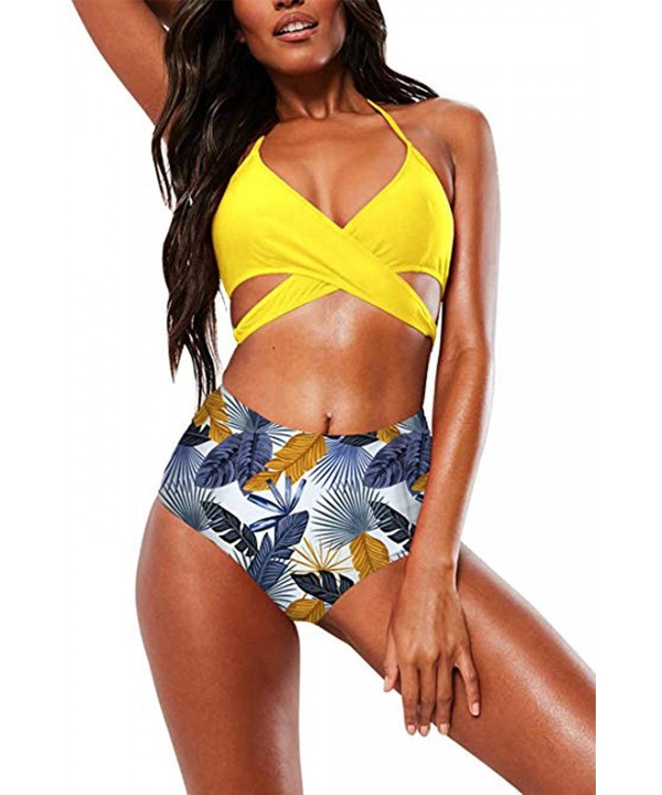 Women's Bandage Bikini Swimsuit Sexy Halter Cross Wrap High Waisted Push Up Print Two Piece Bathing Suit Yellow Printed - CS1...