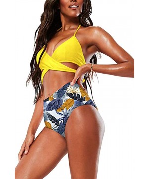 Women's Bandage Bikini Swimsuit Sexy Halter Cross Wrap High Waisted Push Up Print Two Piece Bathing Suit Yellow Printed - CS1...