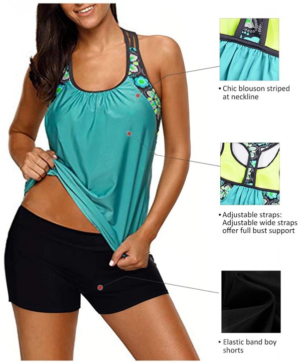 Womens Blouson Striped Printed Strappy T-Back Push up Tankini Top with Shorts - Green Floral - CV18T336SKS $27.64-Sets