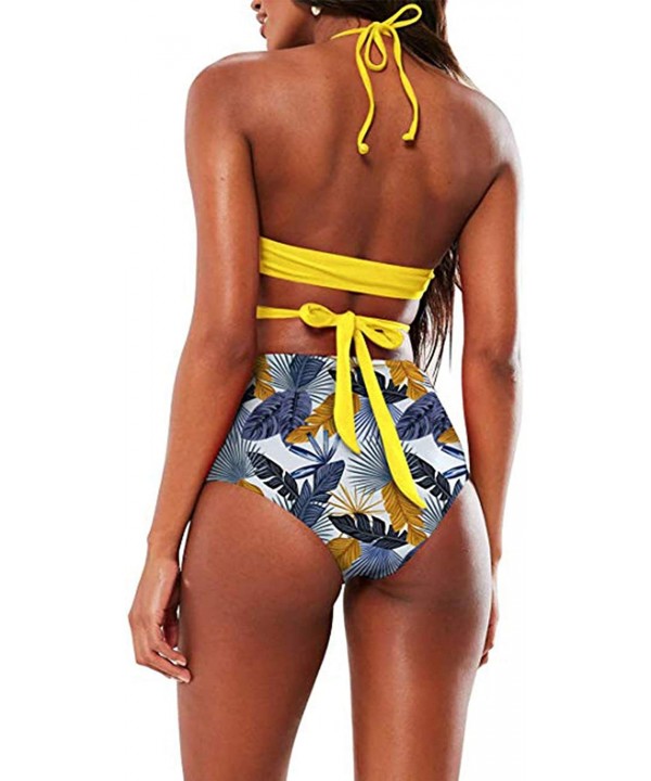 Women's Bandage Bikini Swimsuit Sexy Halter Cross Wrap High Waisted Push Up Print Two Piece Bathing Suit Yellow Printed - CS1...