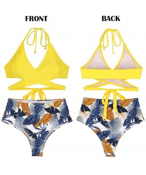 Women's Bandage Bikini Swimsuit Sexy Halter Cross Wrap High Waisted Push Up Print Two Piece Bathing Suit Yellow Printed - CS1...