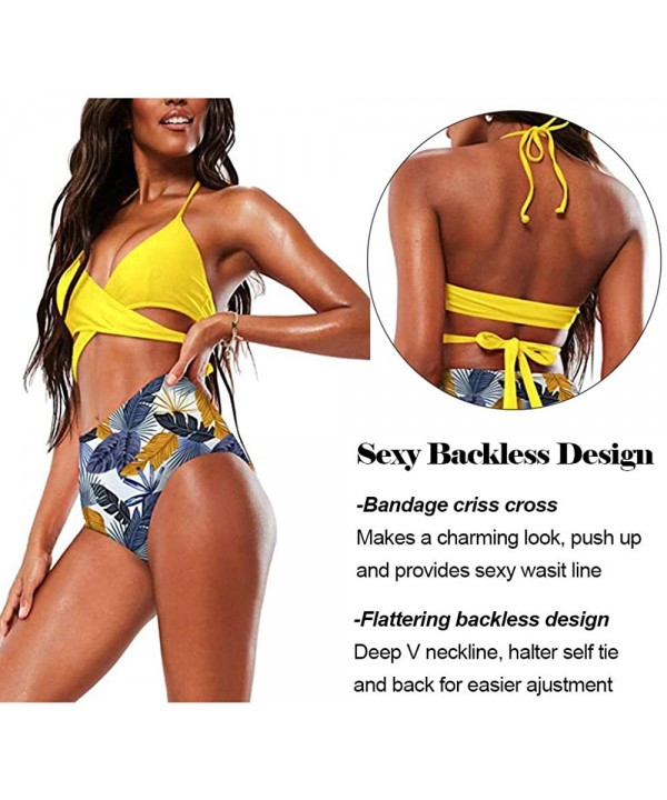 Women's Bandage Bikini Swimsuit Sexy Halter Cross Wrap High Waisted Push Up Print Two Piece Bathing Suit Yellow Printed - CS1...