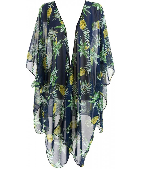 Women Swimsuit Bathing Suit Beach Cover up Chiffon Floral Kimono Cardigan - A (02) - Navy Blue With Pineapple - CU18EHW09A5 $...