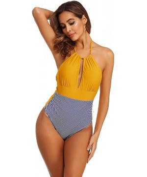 Women's One Piece Swimsuit Striped Halter Neck Highwaist Swimwear V Neck Bathing Suit Sexy Beachwear - Yellow - C41933K44AL $...