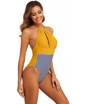 Women's One Piece Swimsuit Striped Halter Neck Highwaist Swimwear V Neck Bathing Suit Sexy Beachwear - Yellow - C41933K44AL $...