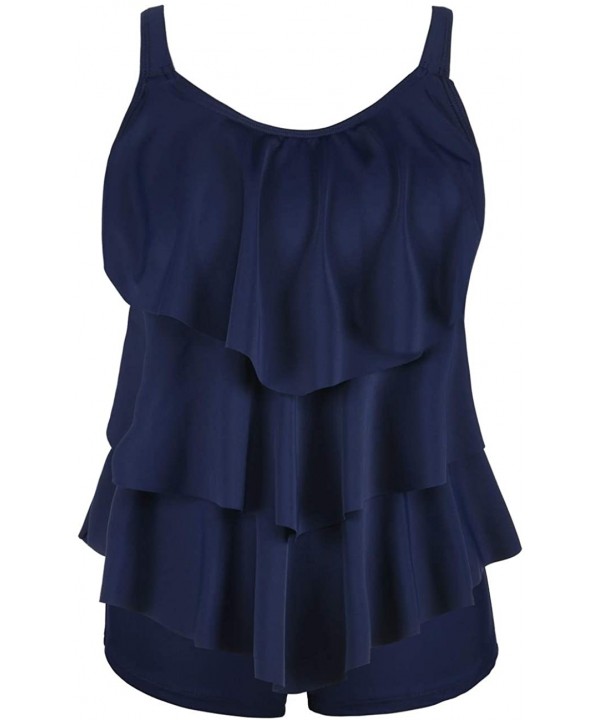 Women's Two Piece Swimsuit Tankini Set Layered Ruffled Top with Boyshort Bottom Swimwear - Navy Blue - CW18A7C3WXQ $17.69-Sets